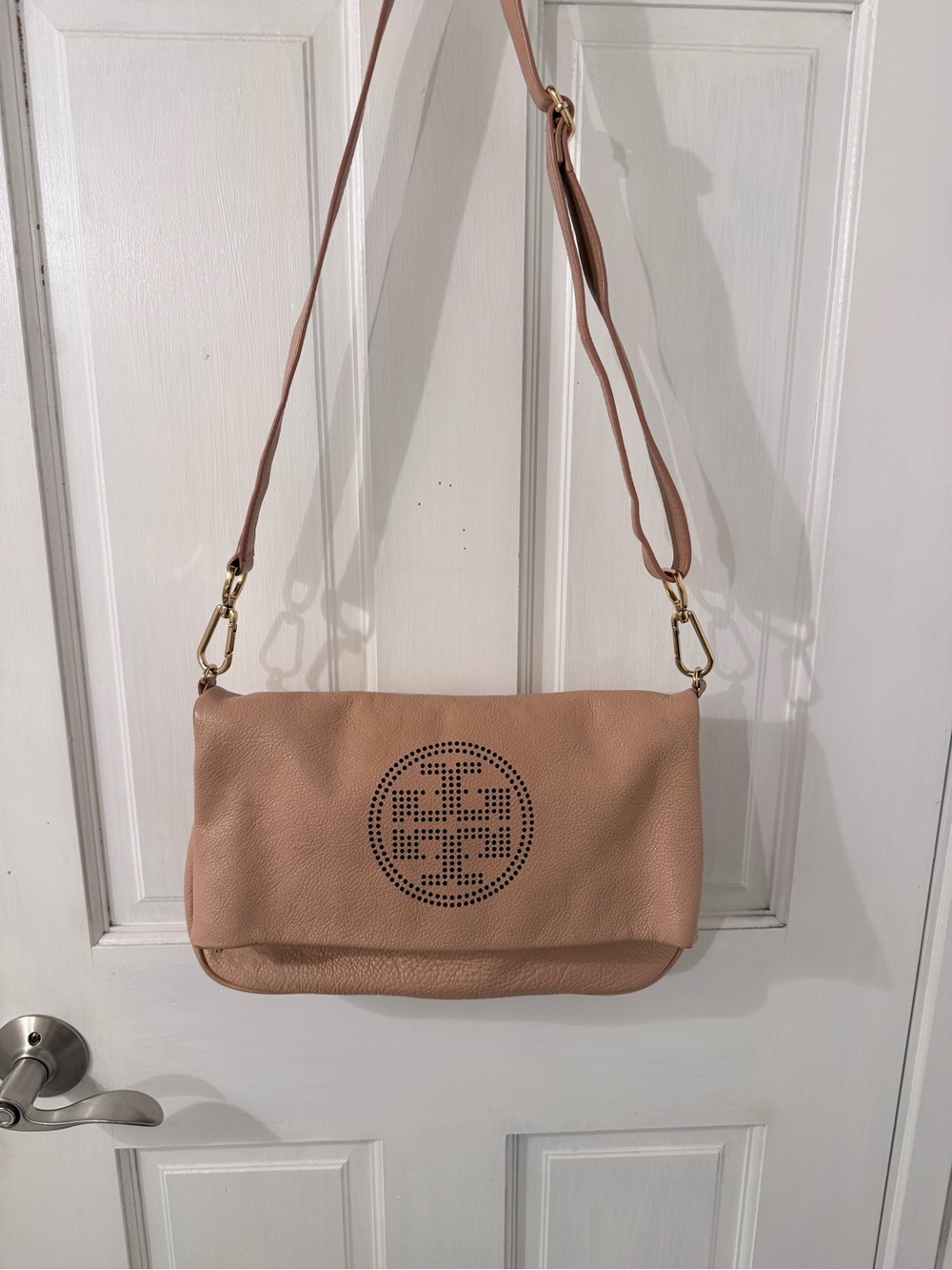 Tory Burch Foldover Messenger Leather Crossbody with Perforated Logo